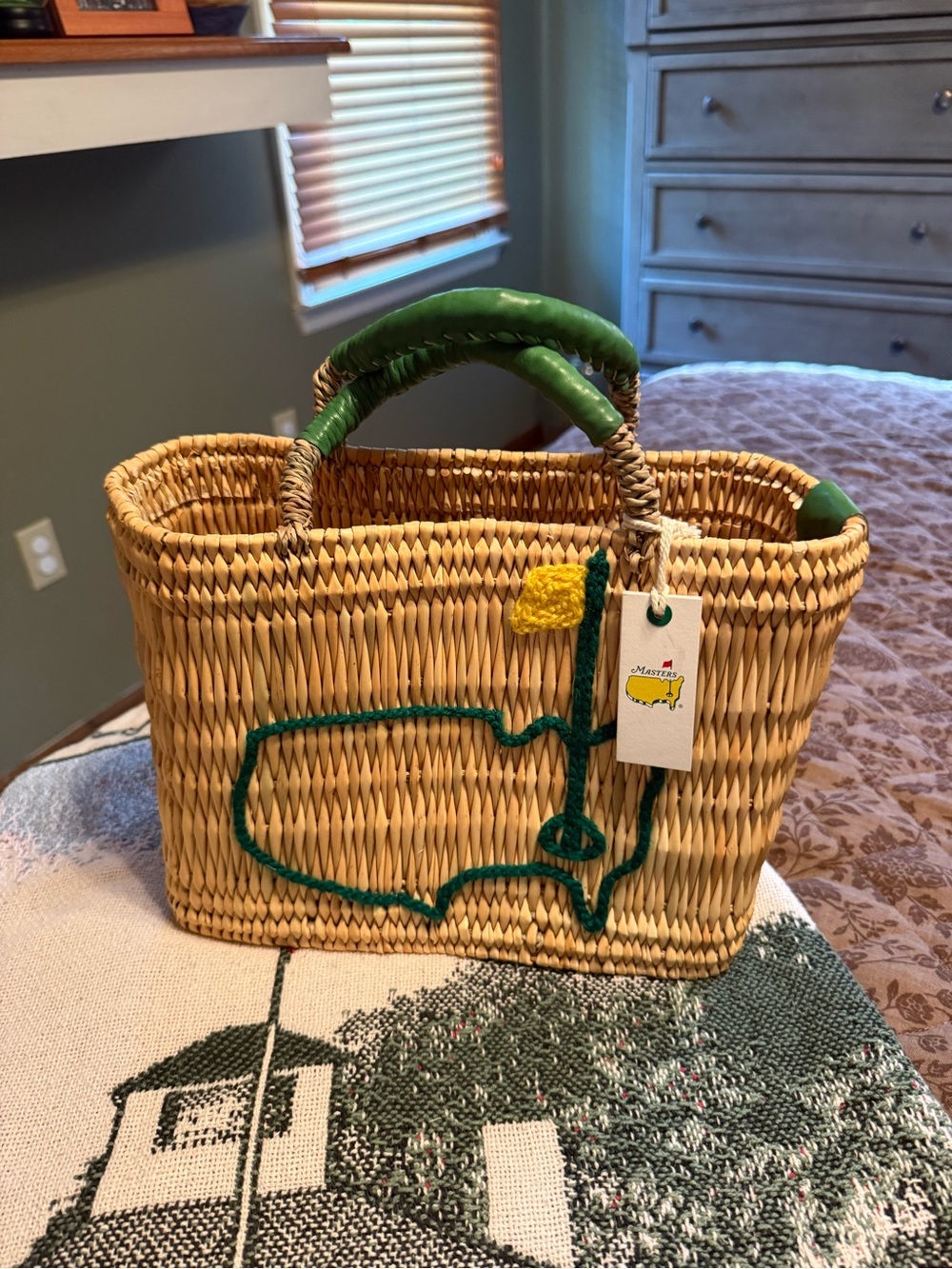 Woven Straw Tote with Green Trim and Yellow Accent